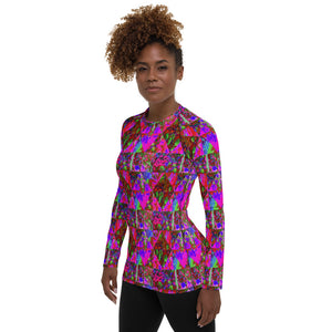Women's Rash Guard Shirts, Trippy Garden Quilt Painting with Lime Green Hydrangea