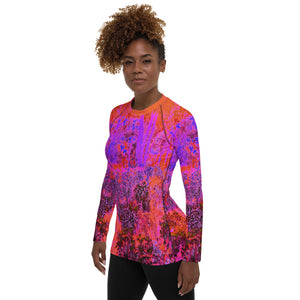 Women's Rash Guard Shirts, Trippy Magenta and Orange Impressionistic Garden