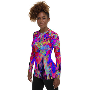 Women's Rash Guard Shirts, Psychedelic Retro Crimson and Magenta Wildflowers