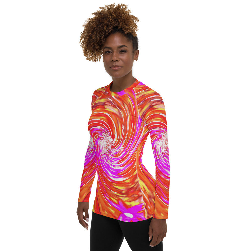 Women's Rash Guard Shirts, Abstract Retro Magenta and Autumn Colors Floral Swirl