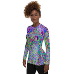 Women's Rash Guard Shirts, Trippy Abstract Pink and Purple Flowers