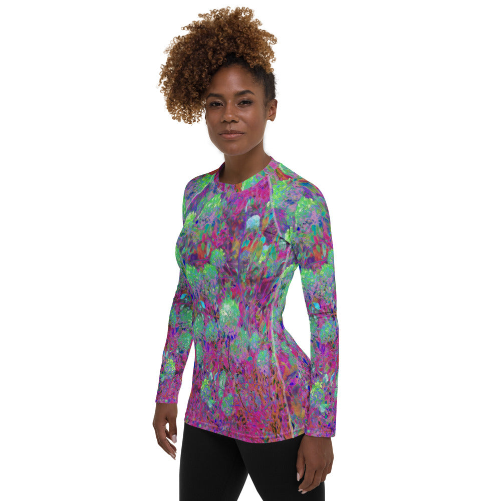 Women's Rash Guard Shirts, Magenta Garden with Aqua Hydrangea Flowers