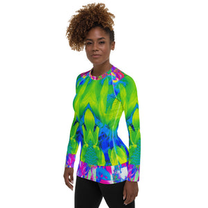 Women's Rash Guard Shirts, Abstract Patchwork Sunflower Garden Collage All Over Print