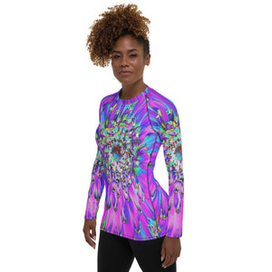 Women's Rash Guard Shirts, Trippy Abstract Aqua, Lime Green and Purple Dahlia