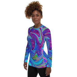 Women's Rash Guard Shirts, Blue, Pink and Purple Groovy Abstract Retro Art