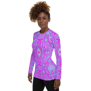 Women's Rash Guard Shirts, Trippy Hot Pink and Aqua Blue Abstract Pattern