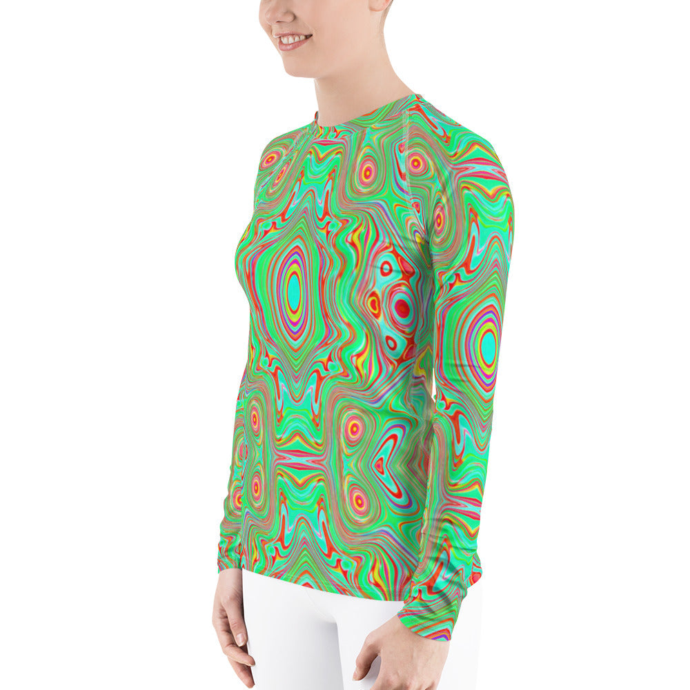 Women's Rash Guard Shirts, Trippy Retro Orange and Lime Green Abstract Pattern