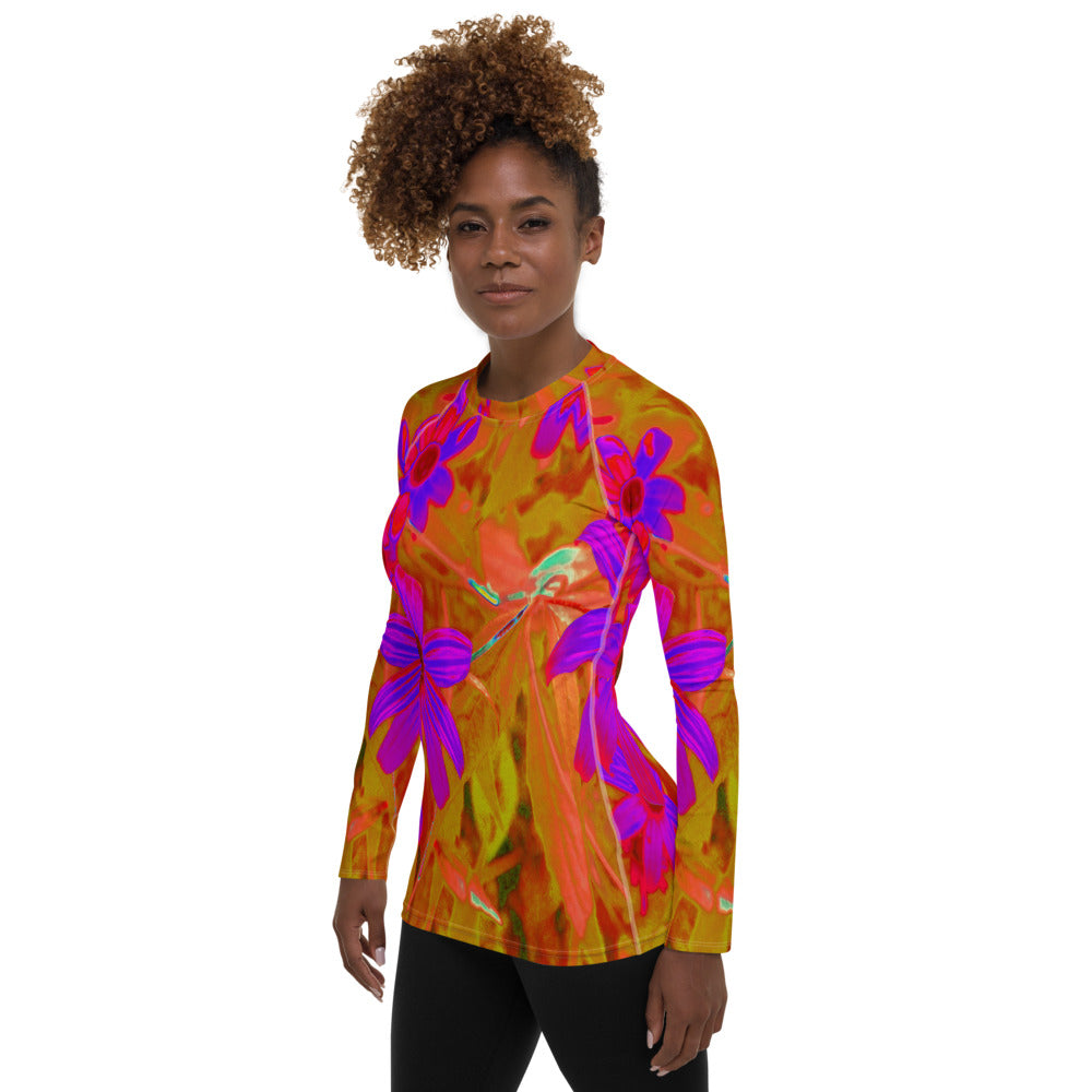 Women's Rash Guard Shirts, Colorful Ultra-Violet, Magenta and Red Wildflowers