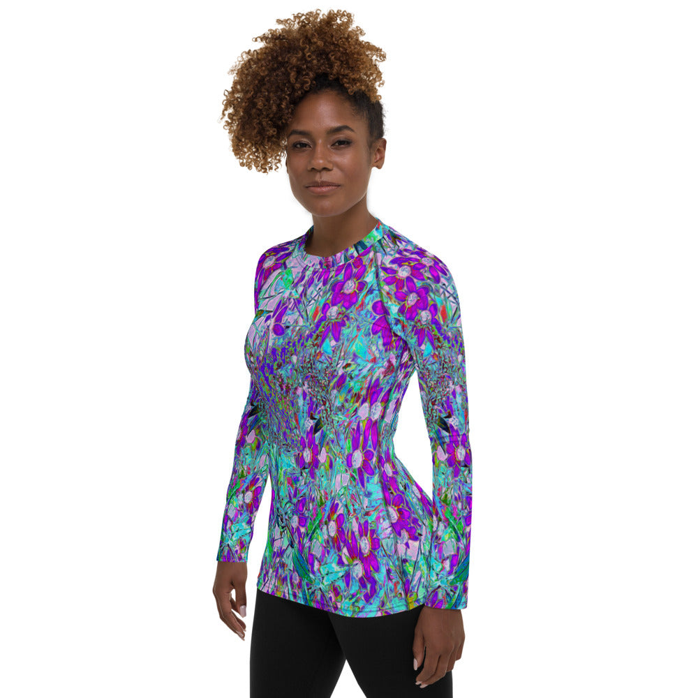 Women's Rash Guard Shirts, Aqua Garden with Violet Blue and Hot Pink Flowers