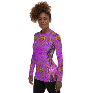 Women's Rash Guard Shirts, Trippy Pink and Purple Abstract Pattern