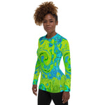 Women's Rash Guard Shirts, Groovy Chartreuse and Aquamarine Liquid Swirl