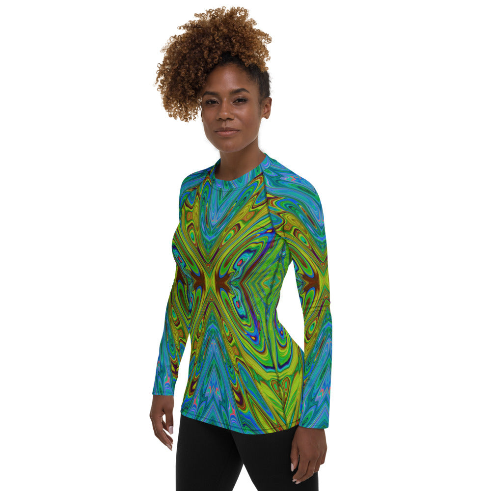 Women's Rash Guard Shirts, Trippy Chartreuse and Blue Abstract Butterfly