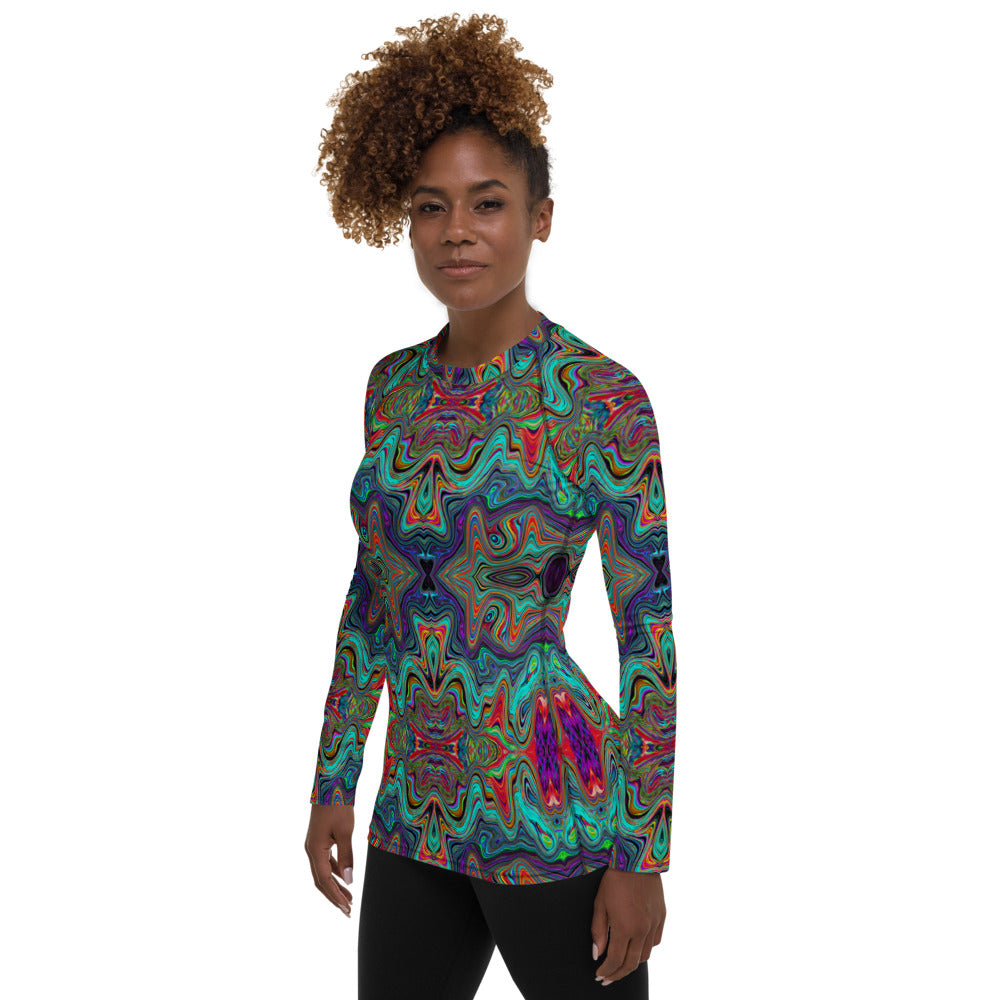 Women's Rash Guard Shirts, Wavy Sea Foam Green and Red Trippy Pattern