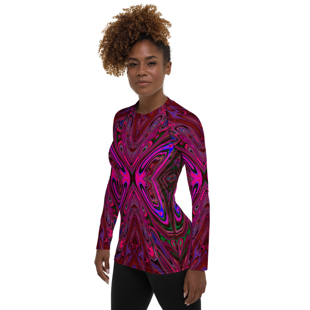 Women's Rash Guard Shirts, Trippy Hot Pink, Red and Blue Abstract Butterfly