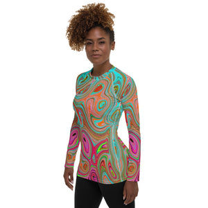 Women's Rash Guard Shirts, Trippy Retro Orange and Aqua Groovy Abstract Art