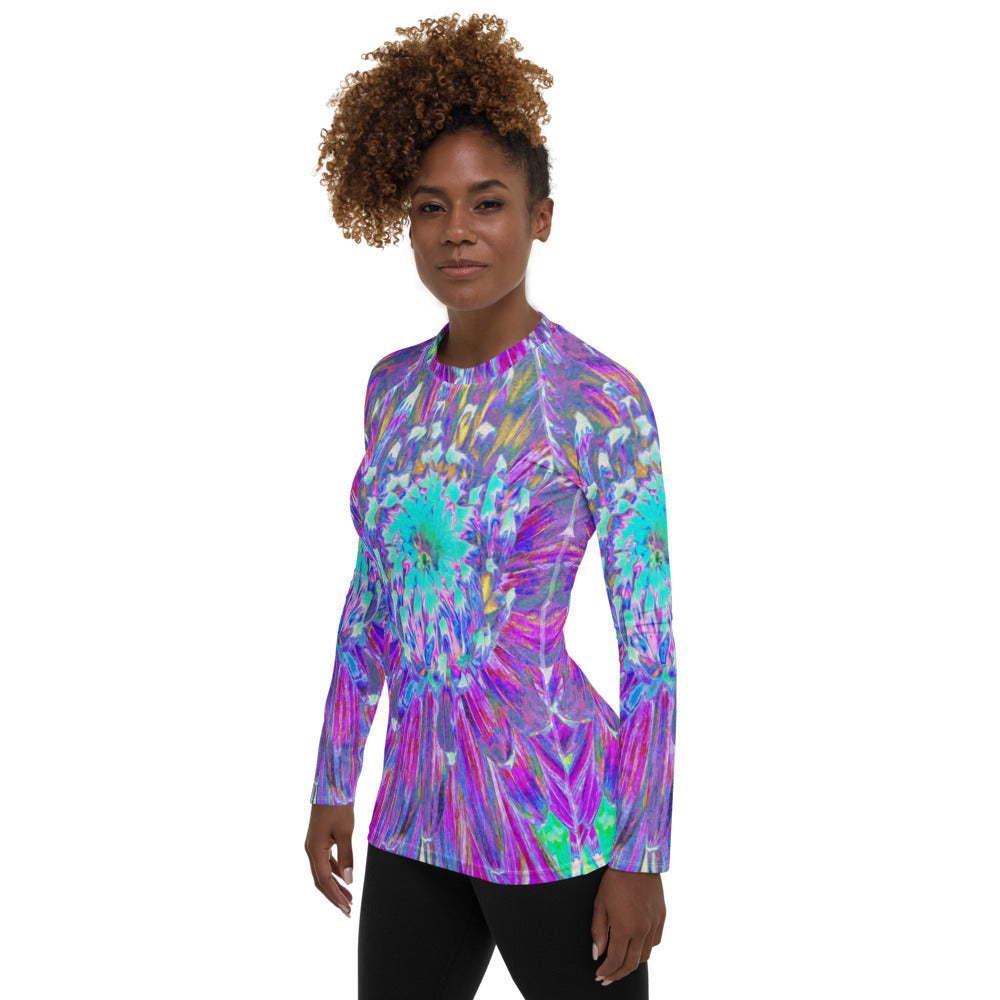 Women's Rash Guard Shirts, Purple and Robin's Egg Blue Decorative Dahlia