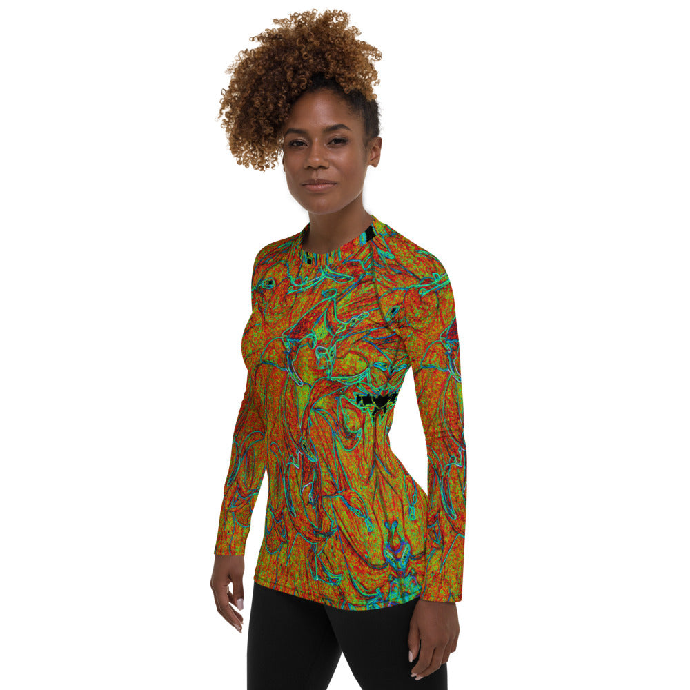 Women's Rash Guard Shirts, Abstract Burnt Orange and Green Dahlia Bloom