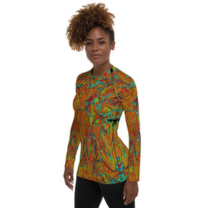 Women's Rash Guard Shirts, Abstract Burnt Orange and Green Dahlia Bloom