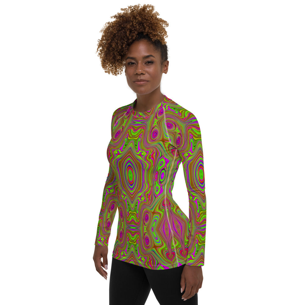 Women's Rash Guard Shirts, Trippy Retro Chartreuse Magenta Abstract Pattern