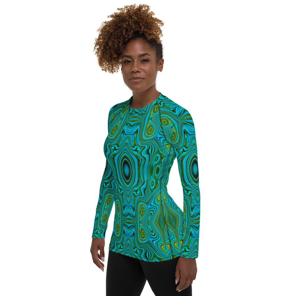 Women's Rash Guard Shirts, Trippy Retro Turquoise Chartreuse Abstract Pattern