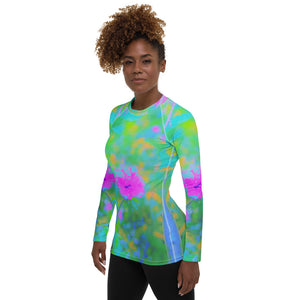 Women's Rash Guard Shirts, Pink Rose of Sharon Impressionistic Garden