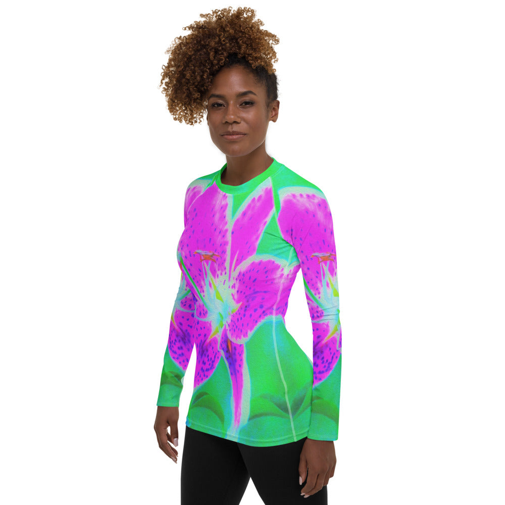 Women's Rash Guard Shirts, Hot Pink Stargazer Lily on Turquoise and Green