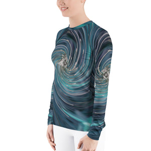 Women's Rash Guard Shirts, Cool Abstract Retro Black and Teal Cosmic Swirl