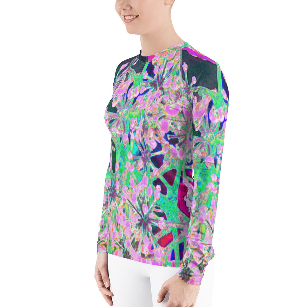 Women's Rash Guard Shirts, Cool Abstract Retro Nature in Pink and Lime Green