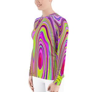 Women's Rash Guard Shirts, Trippy Yellow and Pink Abstract Groovy Retro Art