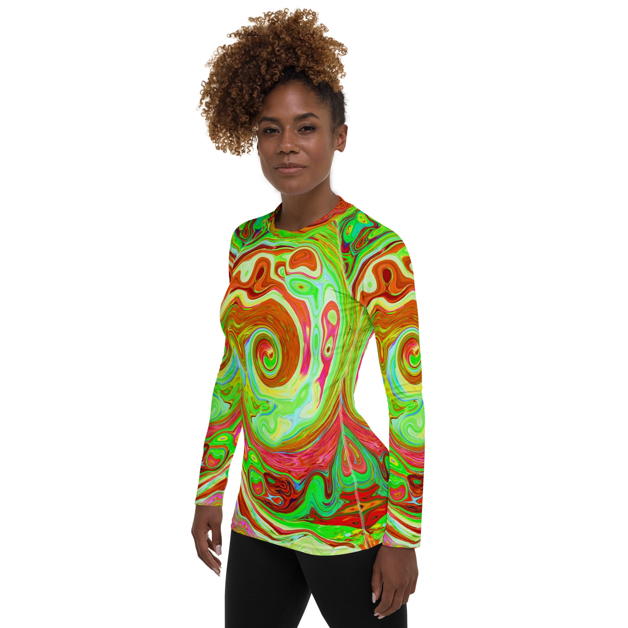 Women's Rash Guard Shirts, Groovy Abstract Retro Red and Green Swirl