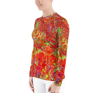 Women's Rash Guard Shirts, Abstract Red and Lime Green Foliage Garden