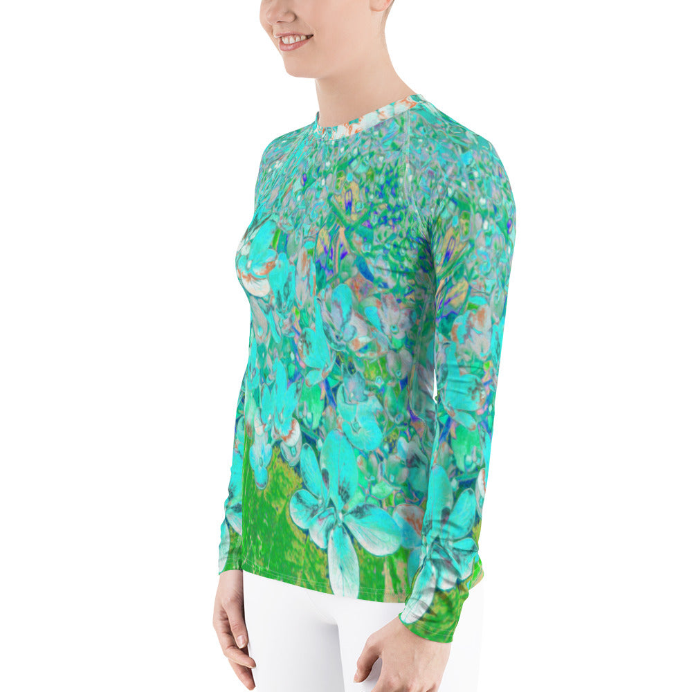 Women's Rash Guard Shirts, Elegant Aqua and Green Limelight Hydrangea Detail