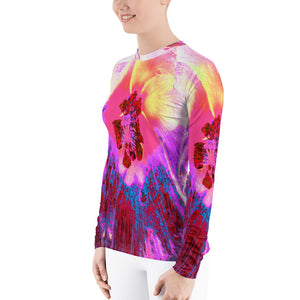 Women's Rash Guard Shirts, Psychedelic Trippy Rainbow Colors Hibiscus Flower