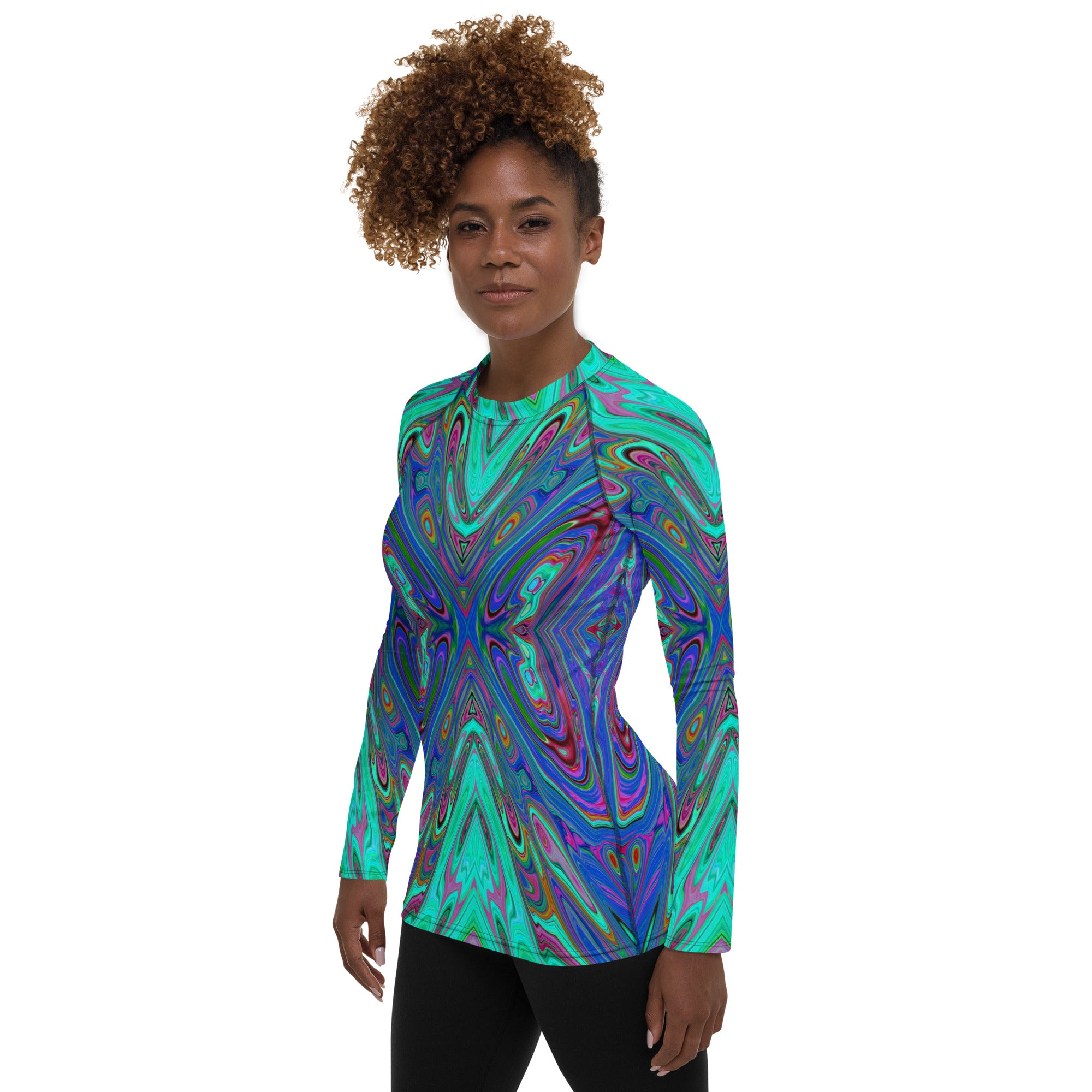 Women's Rash Guard Shirts, Trippy Retro Blue and Red Abstract Butterfly