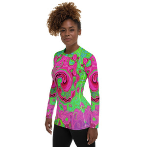 Women's Rash Guard Shirts, Groovy Abstract Green and Red Lava Liquid Swirl