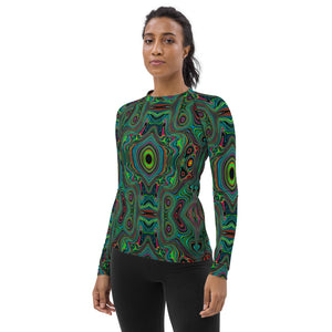 Women's Rash Guard Shirts, Trippy Retro Black and Lime Green Abstract Pattern