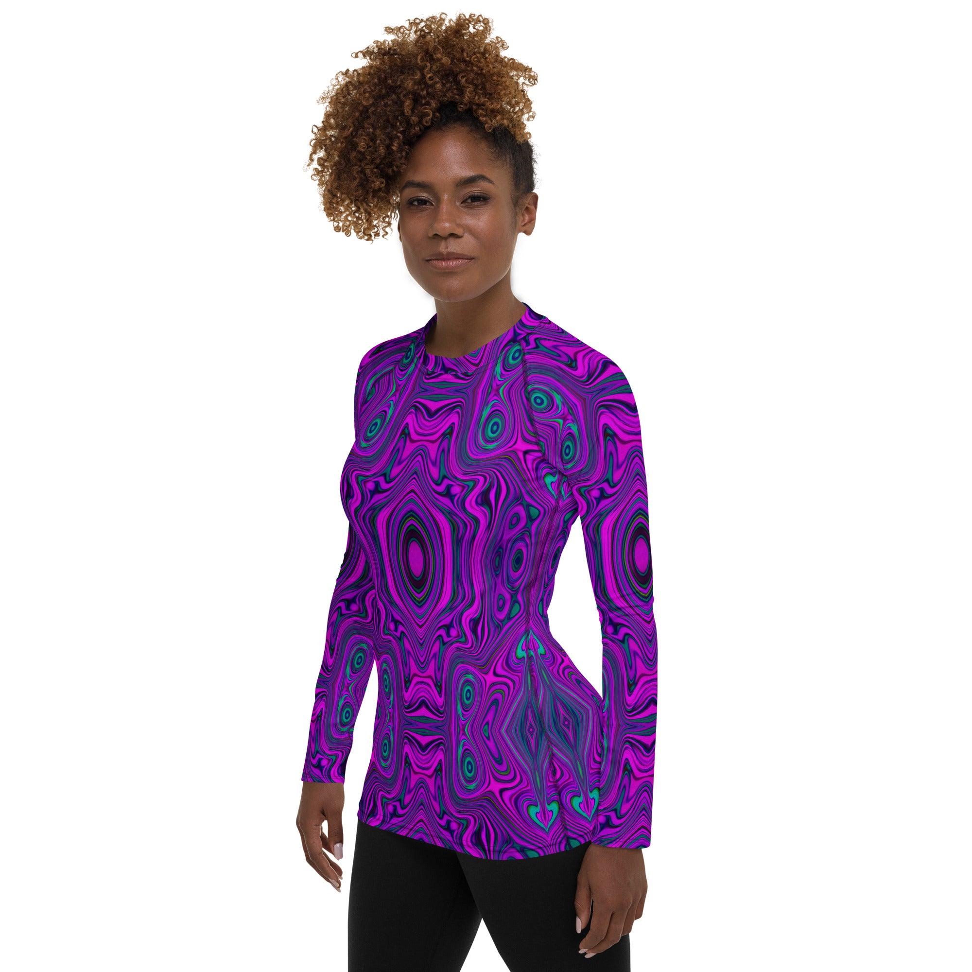 Women's Rash Guard Shirts, Trippy Retro Magenta and Black Abstract Pattern