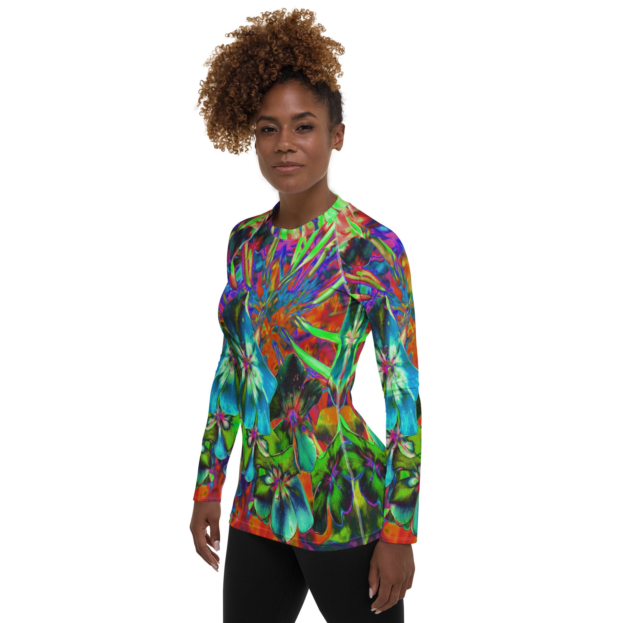 Women's Rash Guard Shirts, Blooming Abstract Blue and Lime Green Flower