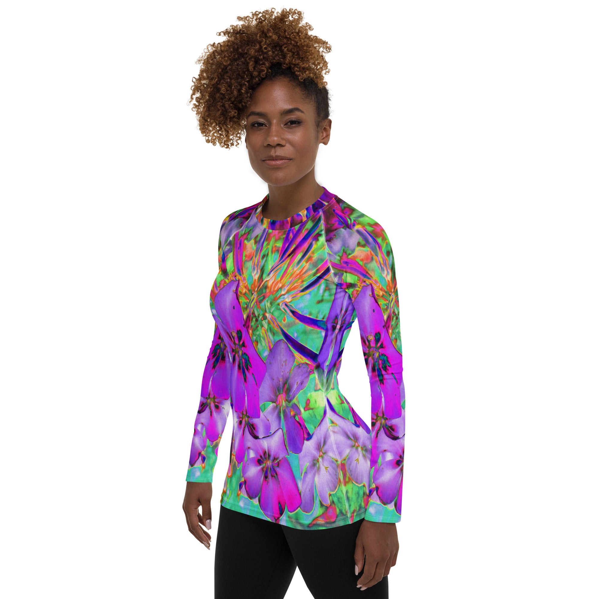Women's Rash Guard Shirts, Dramatic Psychedelic Magenta and Purple Flowers
