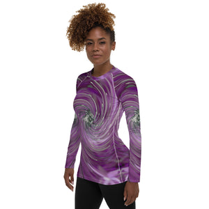 Women's Rash Guard Shirts, Cool Abstract Purple Floral Swirl