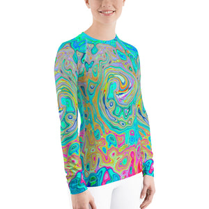 Women's Rash Guard Shirts, Groovy Abstract Retro Rainbow Liquid Swirl