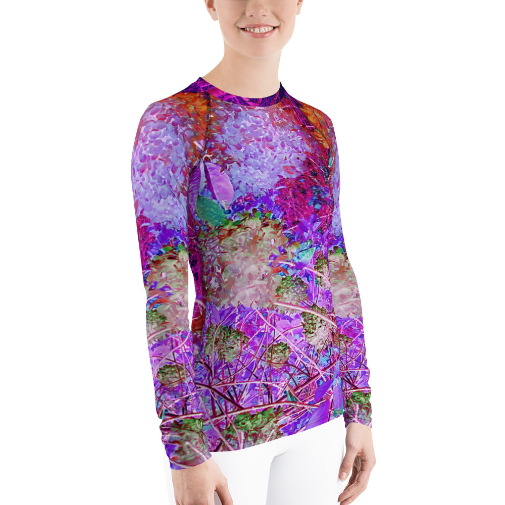 Women's Rash Guard Shirts, Spooky Abstract Orange and Purple Hydrangea Landscape