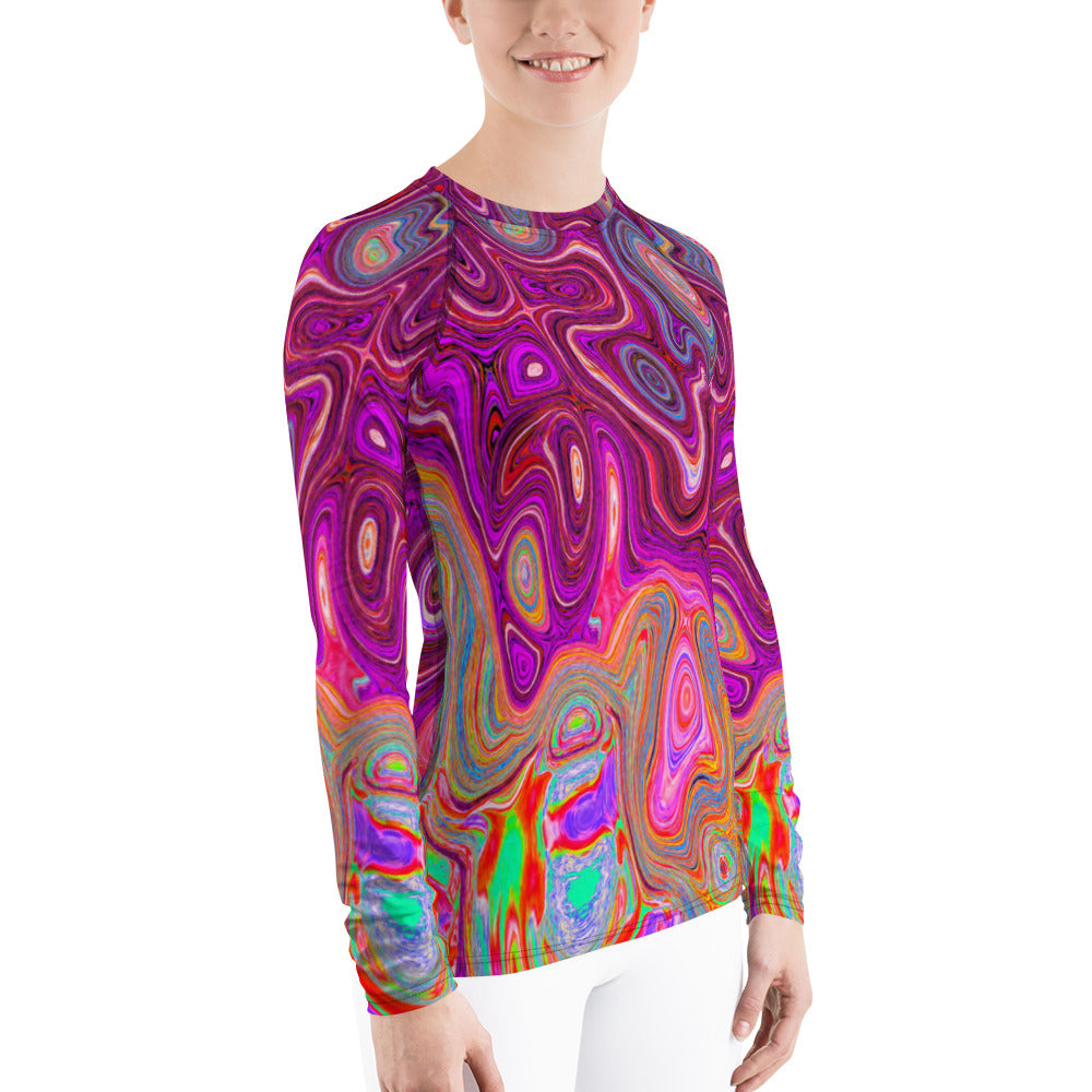 Women's Rash Guard Shirts, Trippy Abstract Cool Magenta Rainbow Colors Retro Art