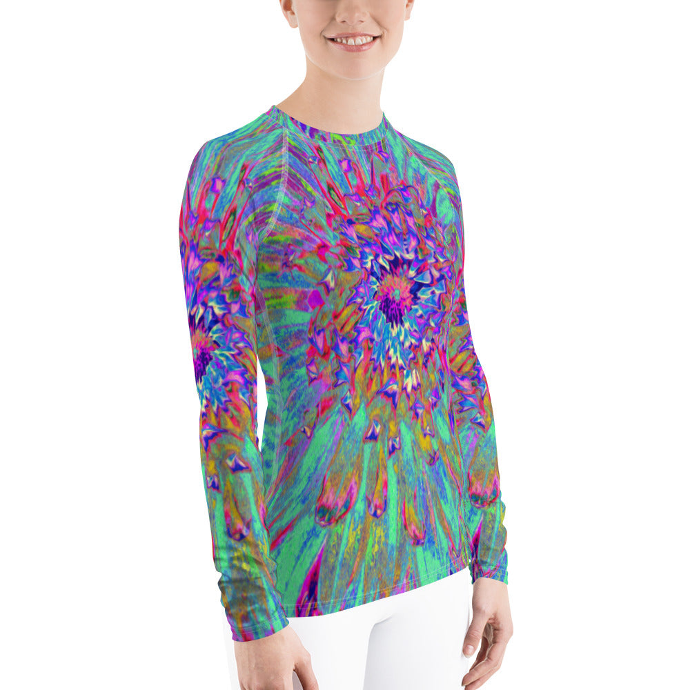 Women's Rash Guard Shirts, Aquamarine Rainbow Color Abstract Dahlia Flower