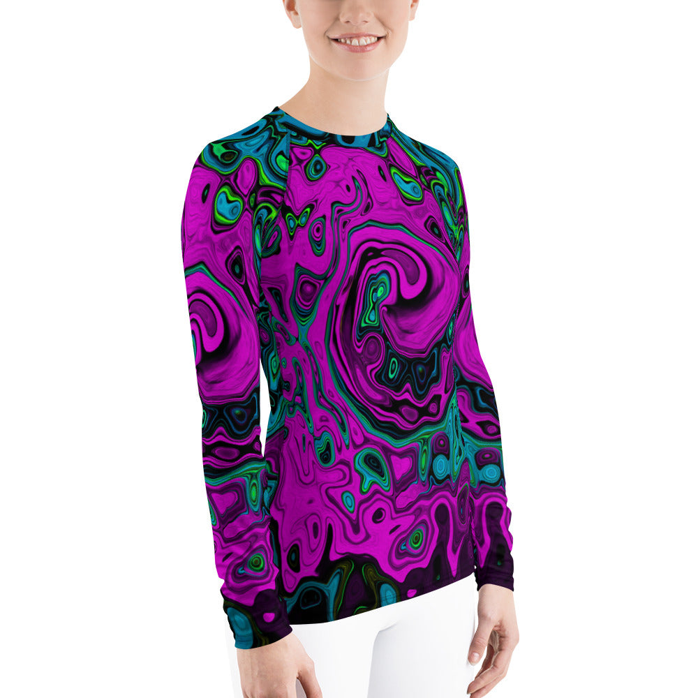 Colorful Women's Rash Guard Shirts, Bold Magenta Abstract Groovy Liquid Art Swirl