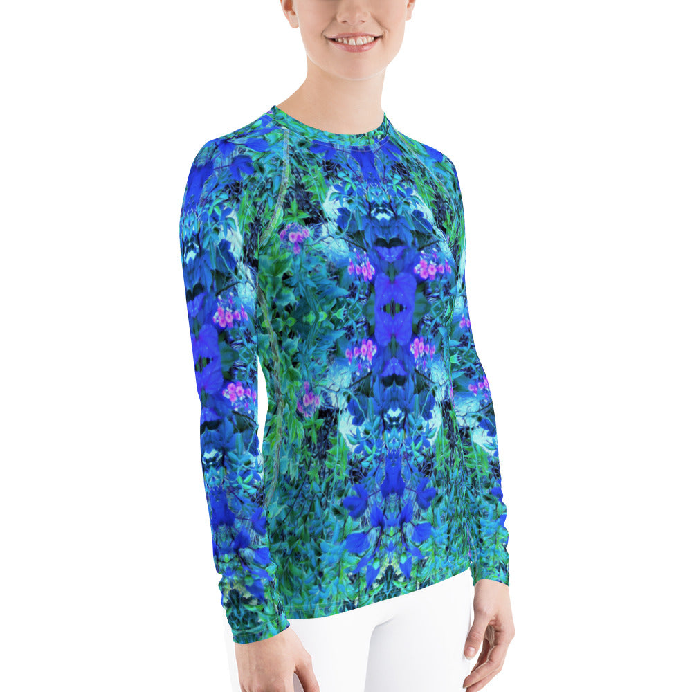 Women's Rash Guard Shirts, Abstract Chartreuse and Blue Garden Foliage Pattern