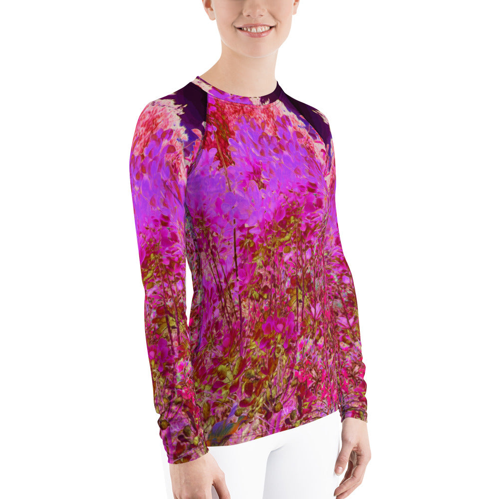 Women's Rash Guard Shirts, Colorful Abstract Foliage Garden with Purple Sunset