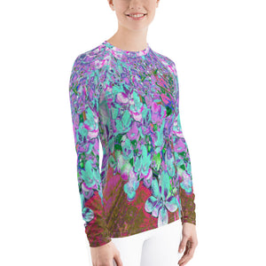 Women's Rash Guard Shirts, Elegant Aqua and Purple Limelight Hydrangea Detail