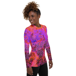 Women's Rash Guard Shirts, Trippy Magenta and Orange Impressionistic Garden