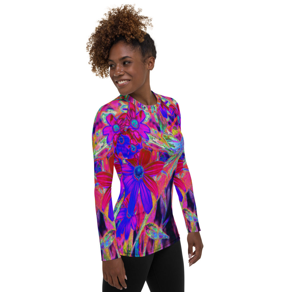 Women's Rash Guard Shirts, Psychedelic Retro Crimson and Magenta Wildflowers